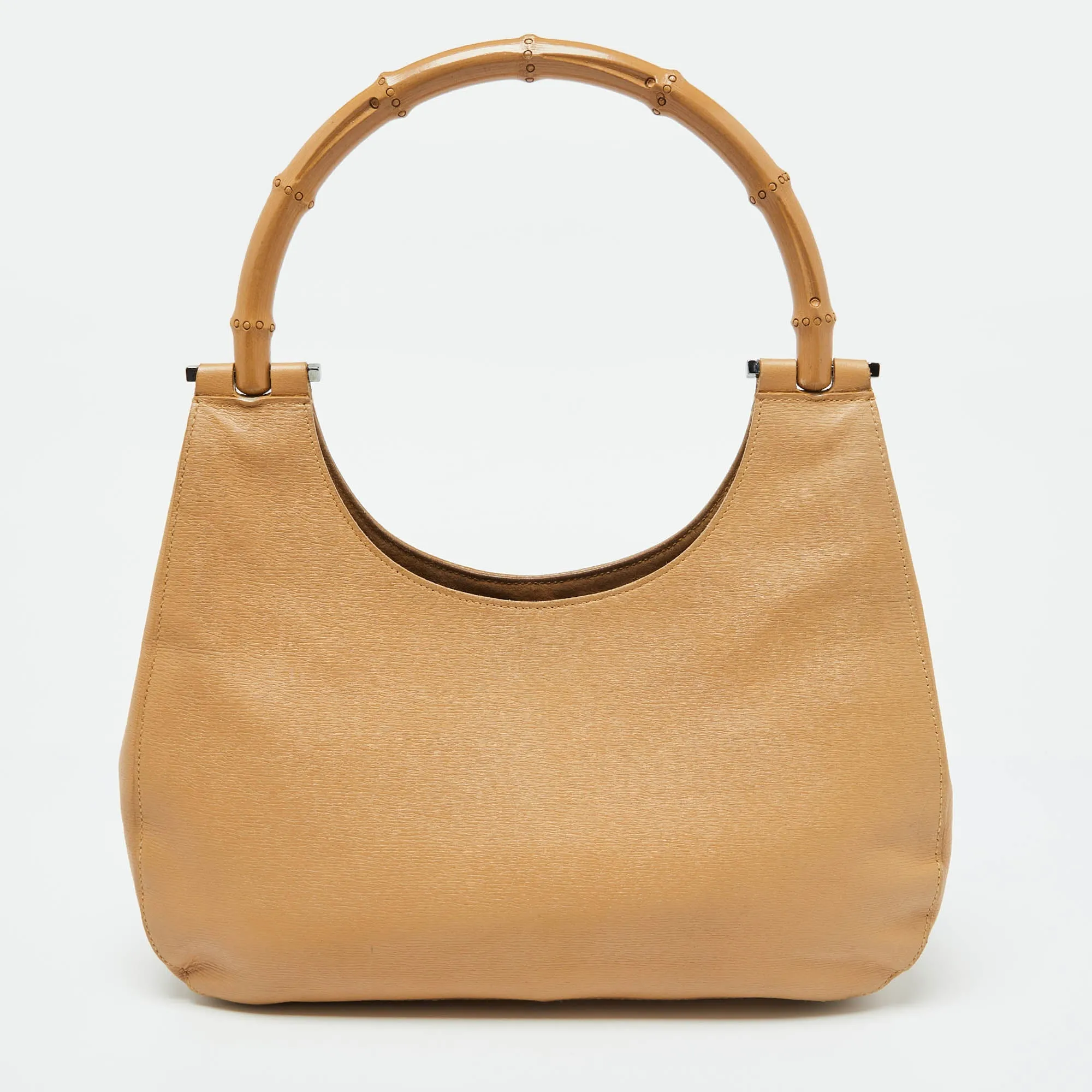 Beige Leather Bamboo Handle Hobo