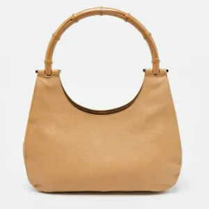 Beige Leather Bamboo Handle Hobo