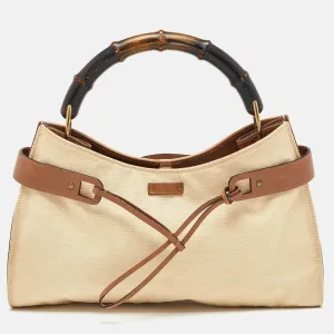 Beige/Brown Canvas and Leather Vintage Bamboo Hobo