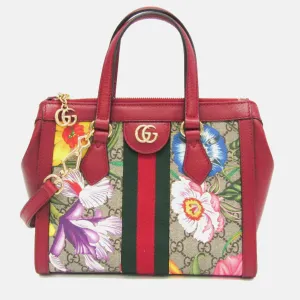 Beige/Red Canvas and Leather Ophidia Flora Shoulder Bag