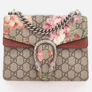 Beige/Red Canvas and Suede Mini Dionysus Blooms Shoulder Bag