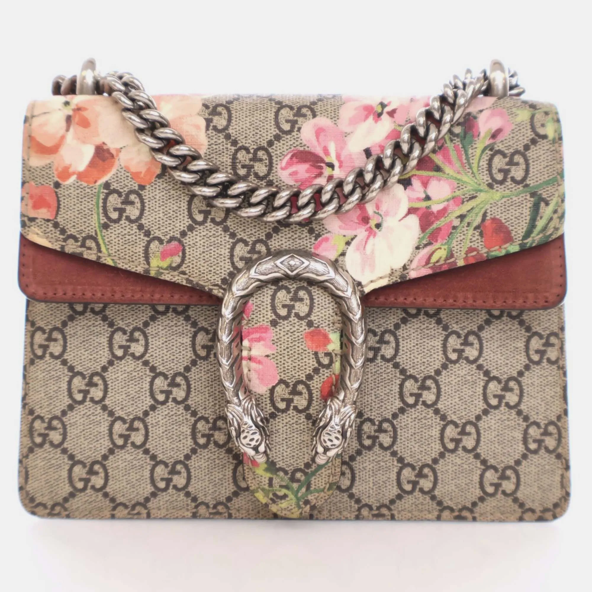 Beige/Red Canvas and Suede Mini Dionysus Blooms Shoulder Bag
