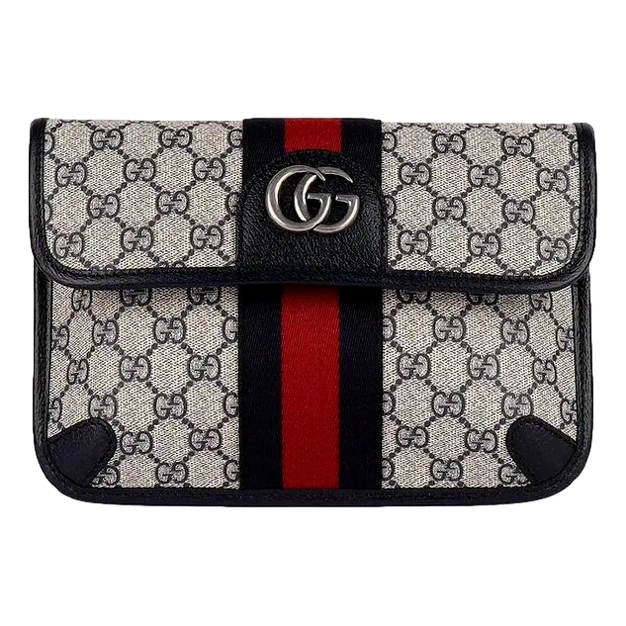 Gucci Ophidia Flap Belt Bag GG Beige Coated Canvas Navy and Red