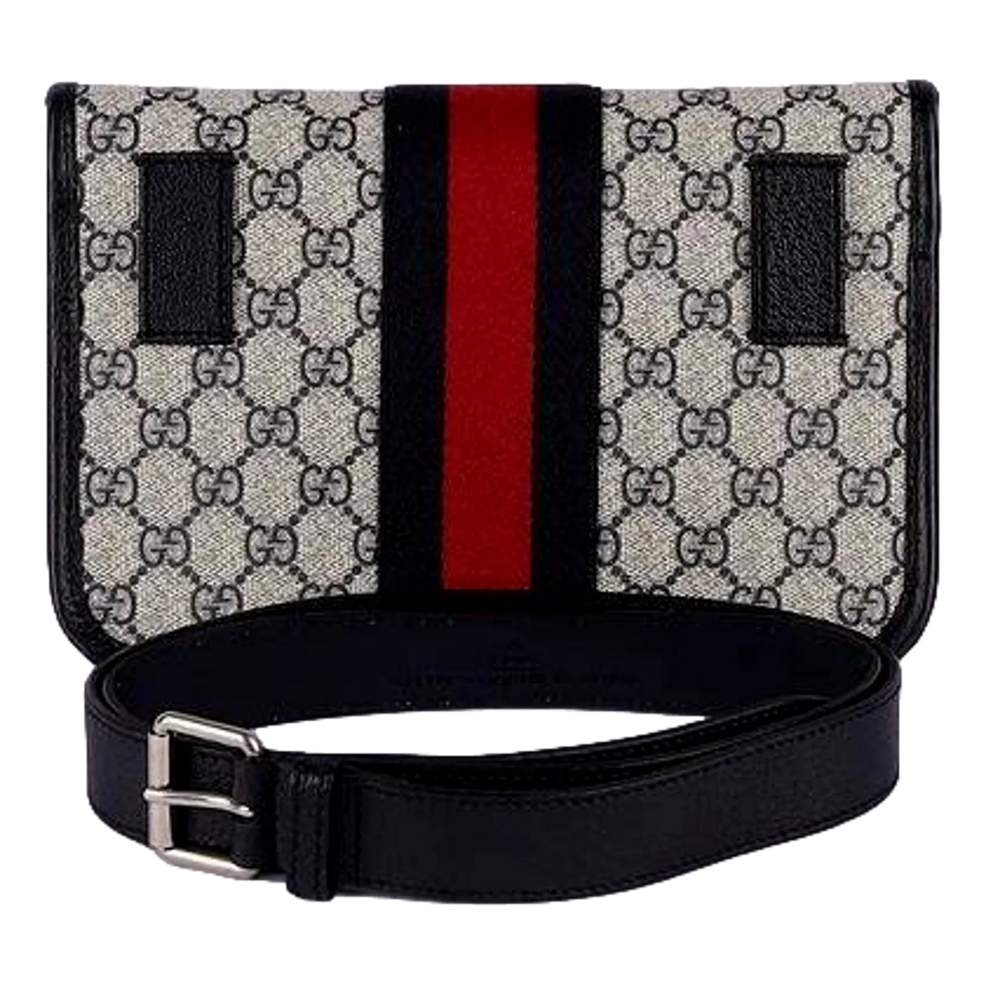 Gucci Ophidia Flap Belt Bag GG Beige Coated Canvas Navy and Red