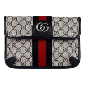 Gucci Ophidia Flap Belt Bag GG Beige Coated Canvas Navy and Red