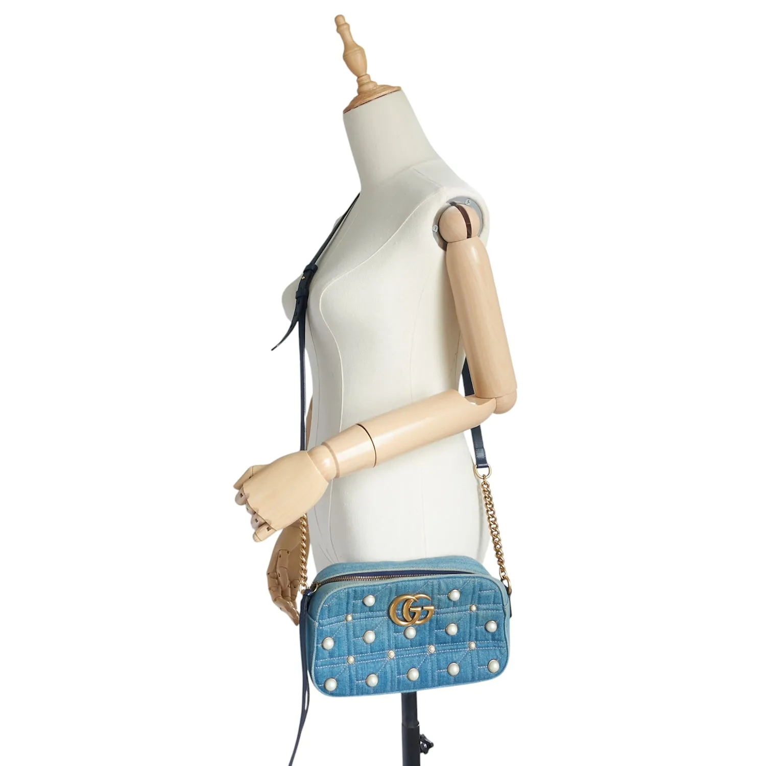 Pearly GG Marmont Small Denim Camera Bag