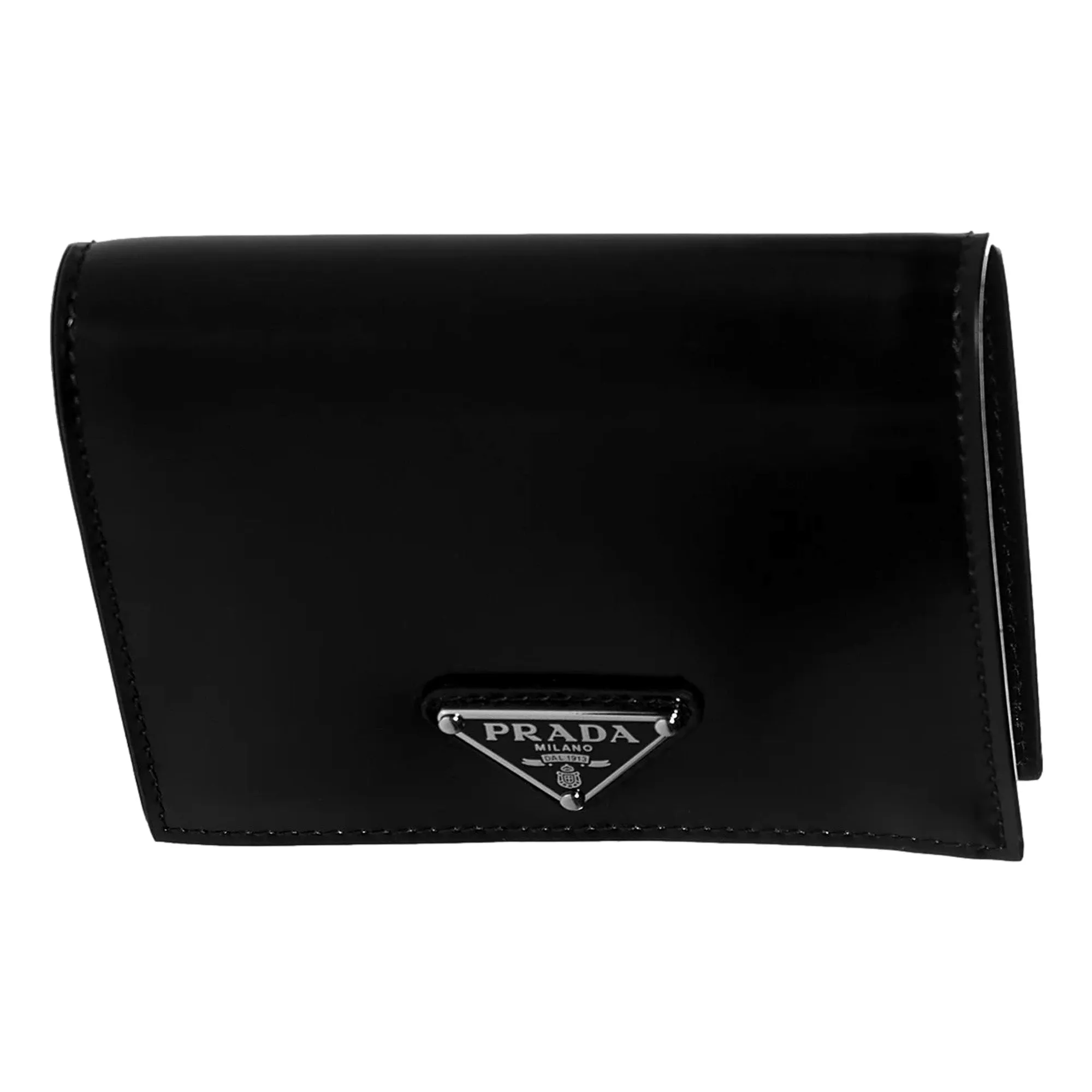 Prada Bifold Black Polished Leather Triangle Logo Card Holder Wallet