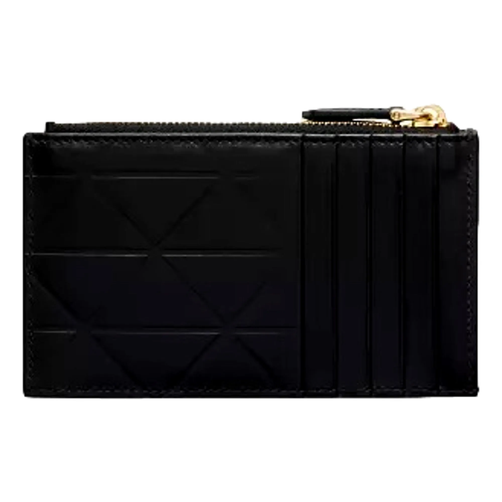 Prada Black Soft Calfskin Leather Gold Triangle Logo Embossed Zipper Card Case Wallet