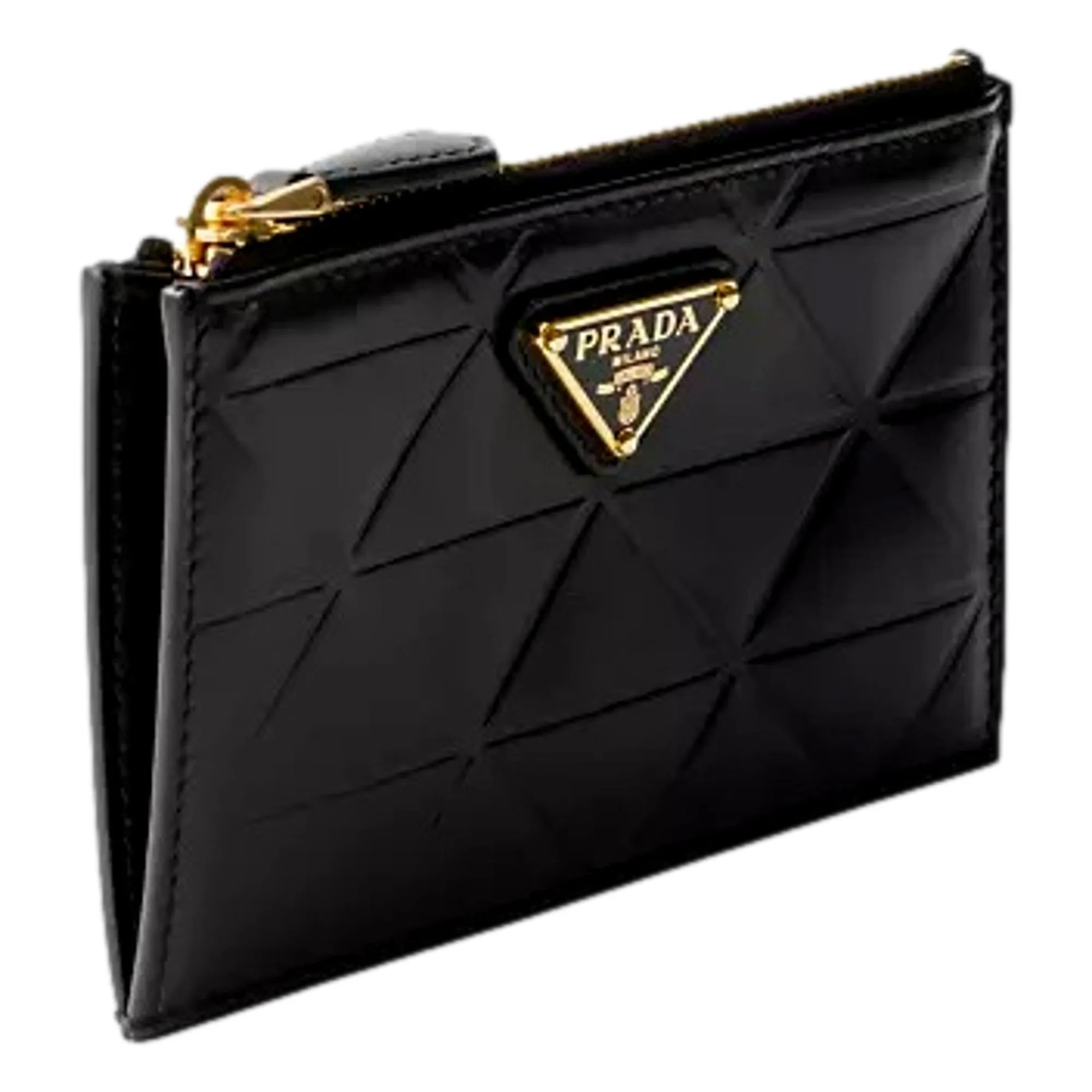 Prada Black Soft Calfskin Leather Gold Triangle Logo Embossed Zipper Card Case Wallet