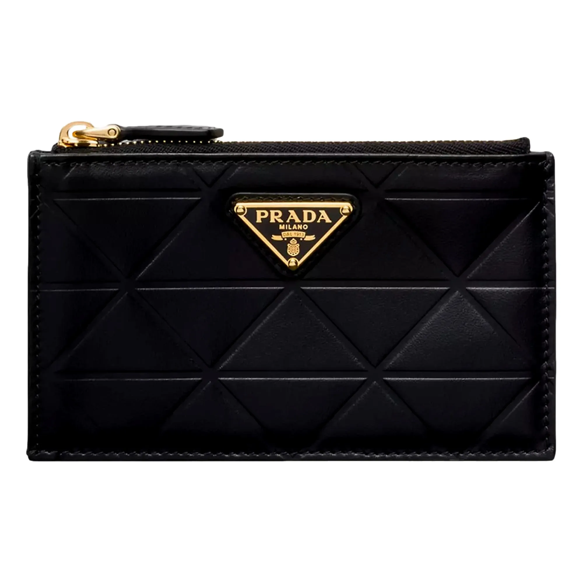 Prada Black Soft Calfskin Leather Gold Triangle Logo Embossed Zipper Card Case Wallet