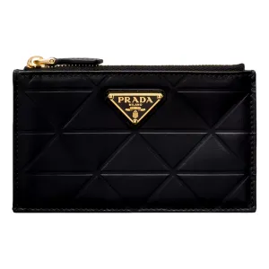 Prada Black Soft Calfskin Leather Gold Triangle Logo Embossed Zipper Card Case Wallet