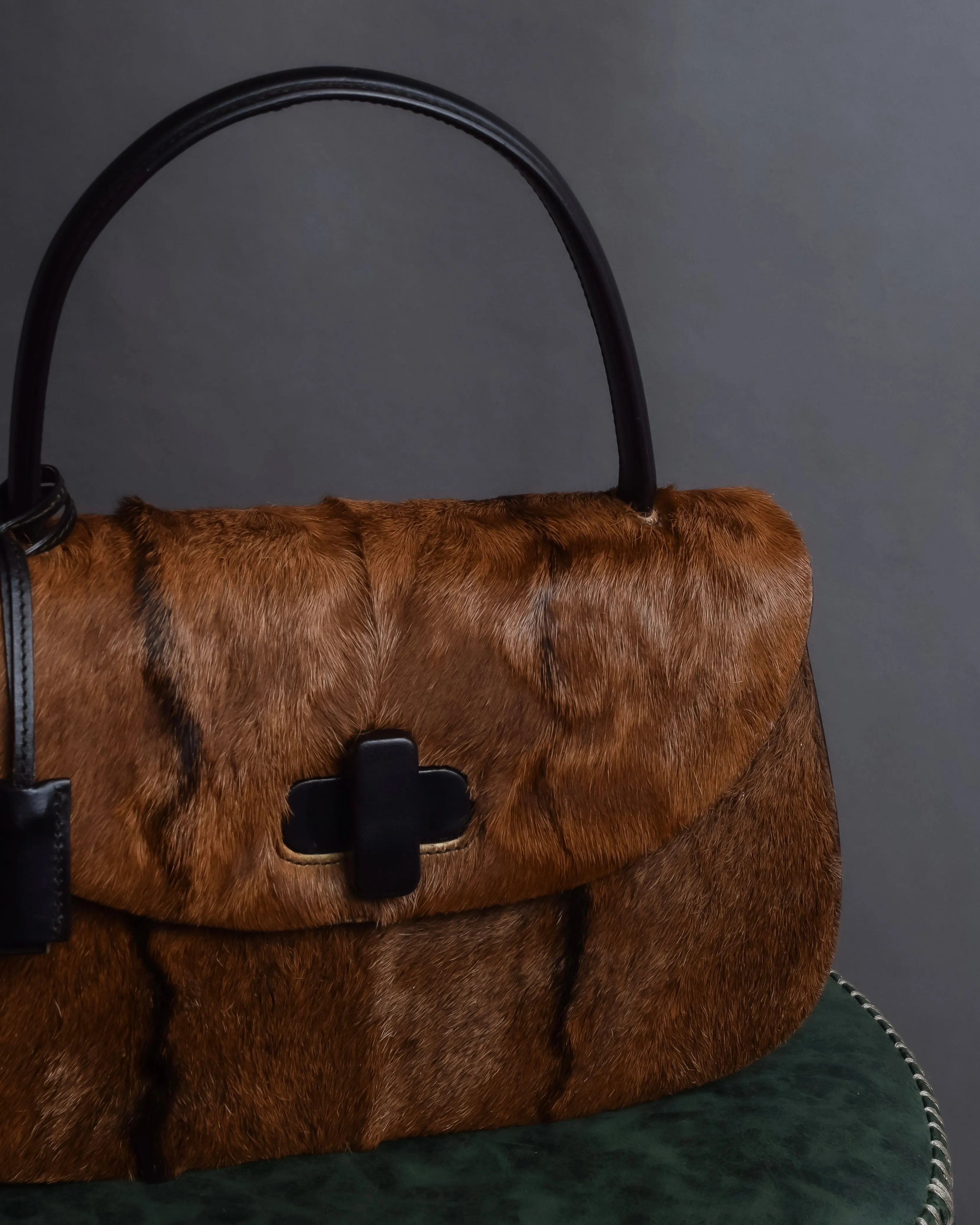 "GUCCI"1947 pony leather combination bamboo hand bag