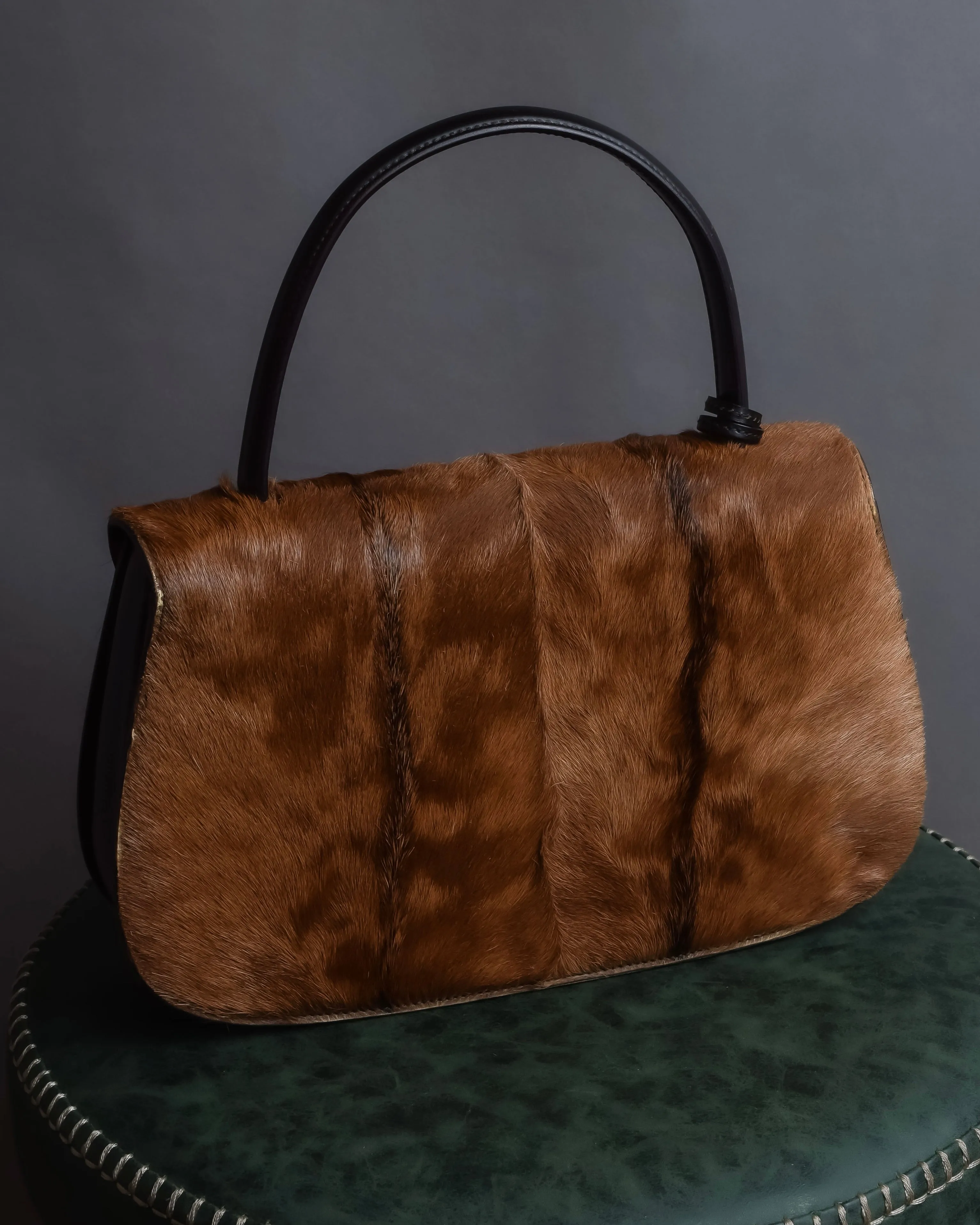 "GUCCI"1947 pony leather combination bamboo hand bag