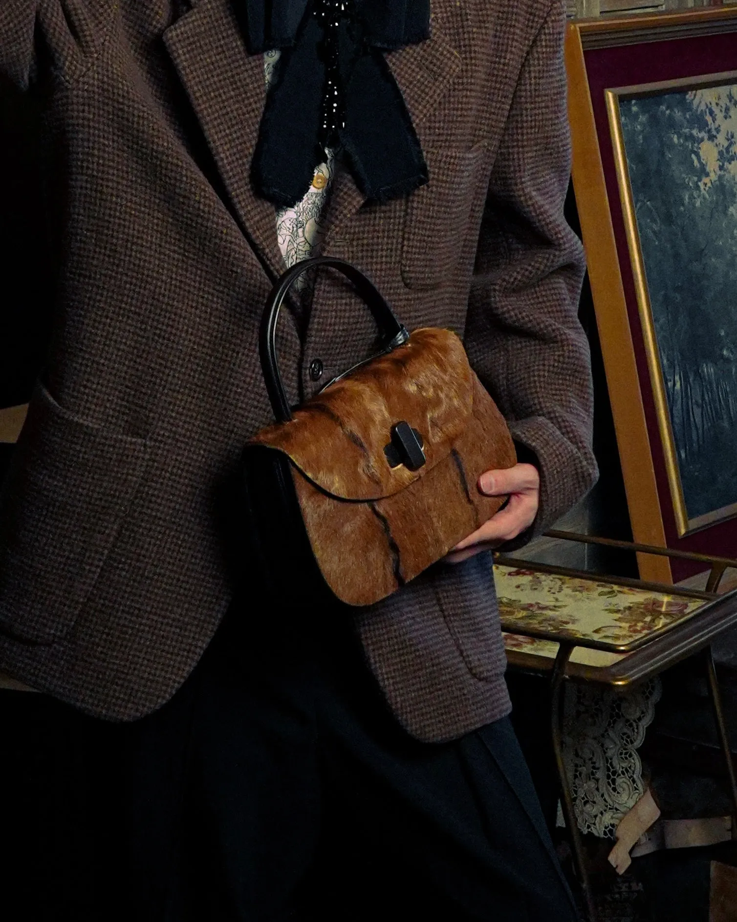 "GUCCI"1947 pony leather combination bamboo hand bag