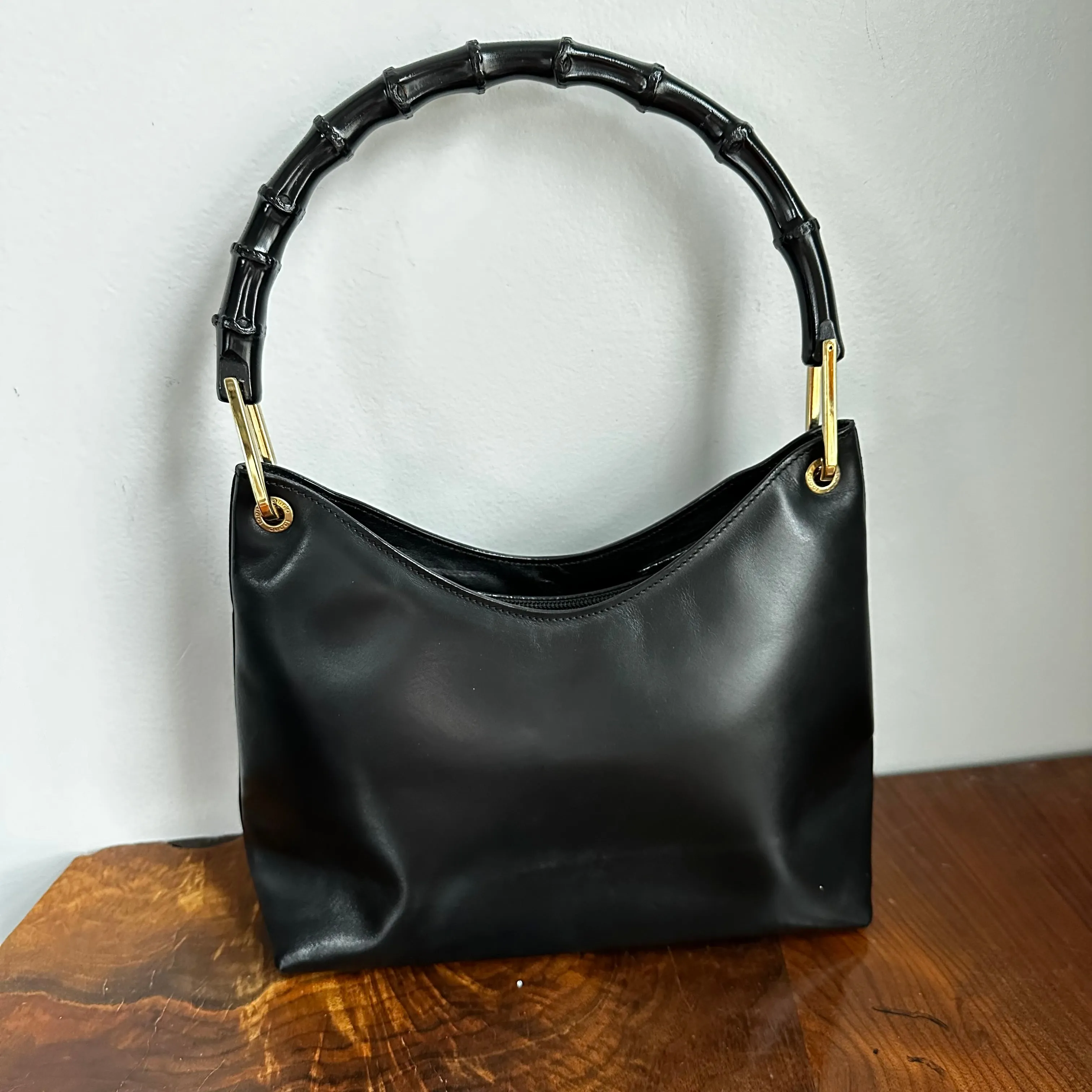 The Grackle - Vintage Gucci Bamboo Shoulder Bag in Black Leather