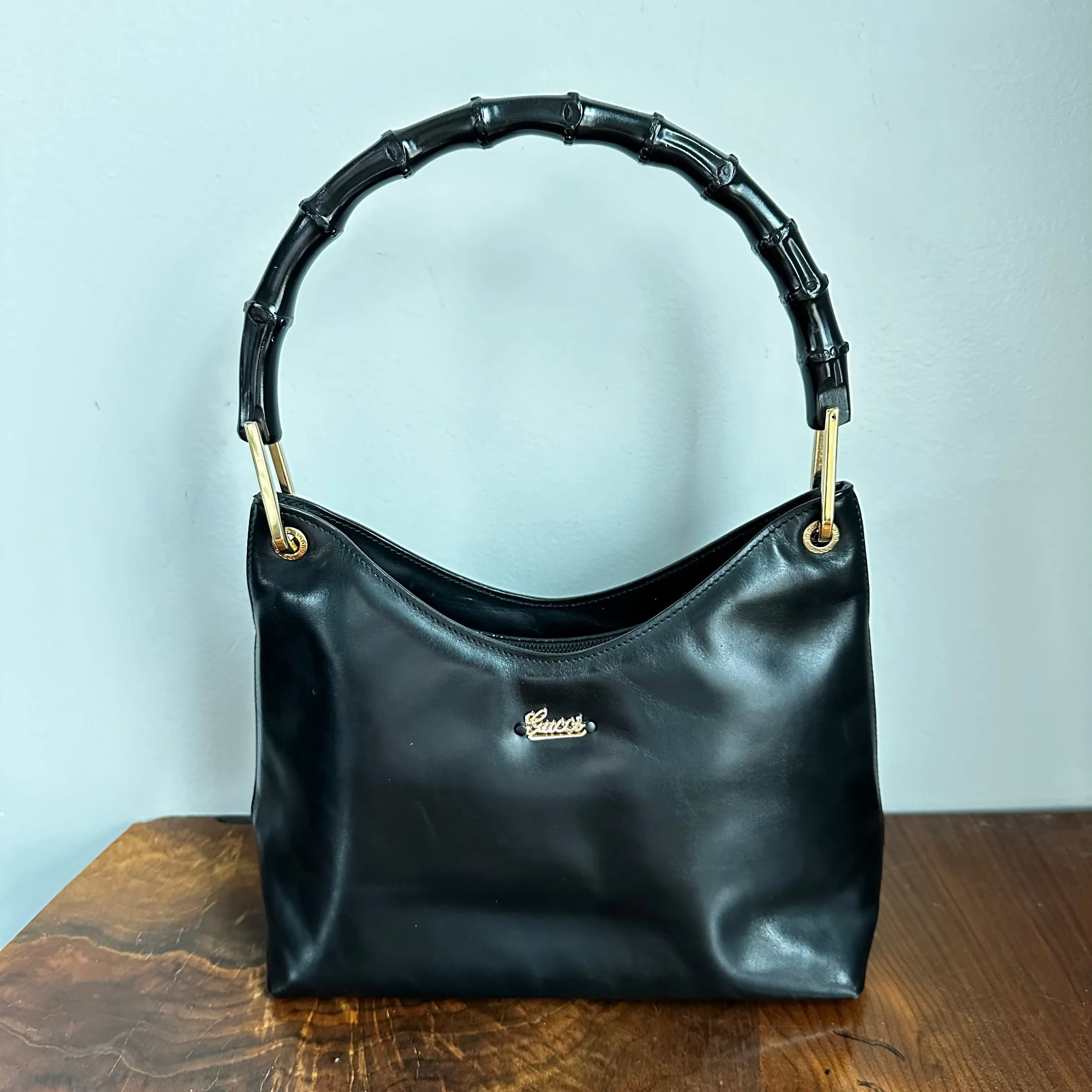 The Grackle - Vintage Gucci Bamboo Shoulder Bag in Black Leather